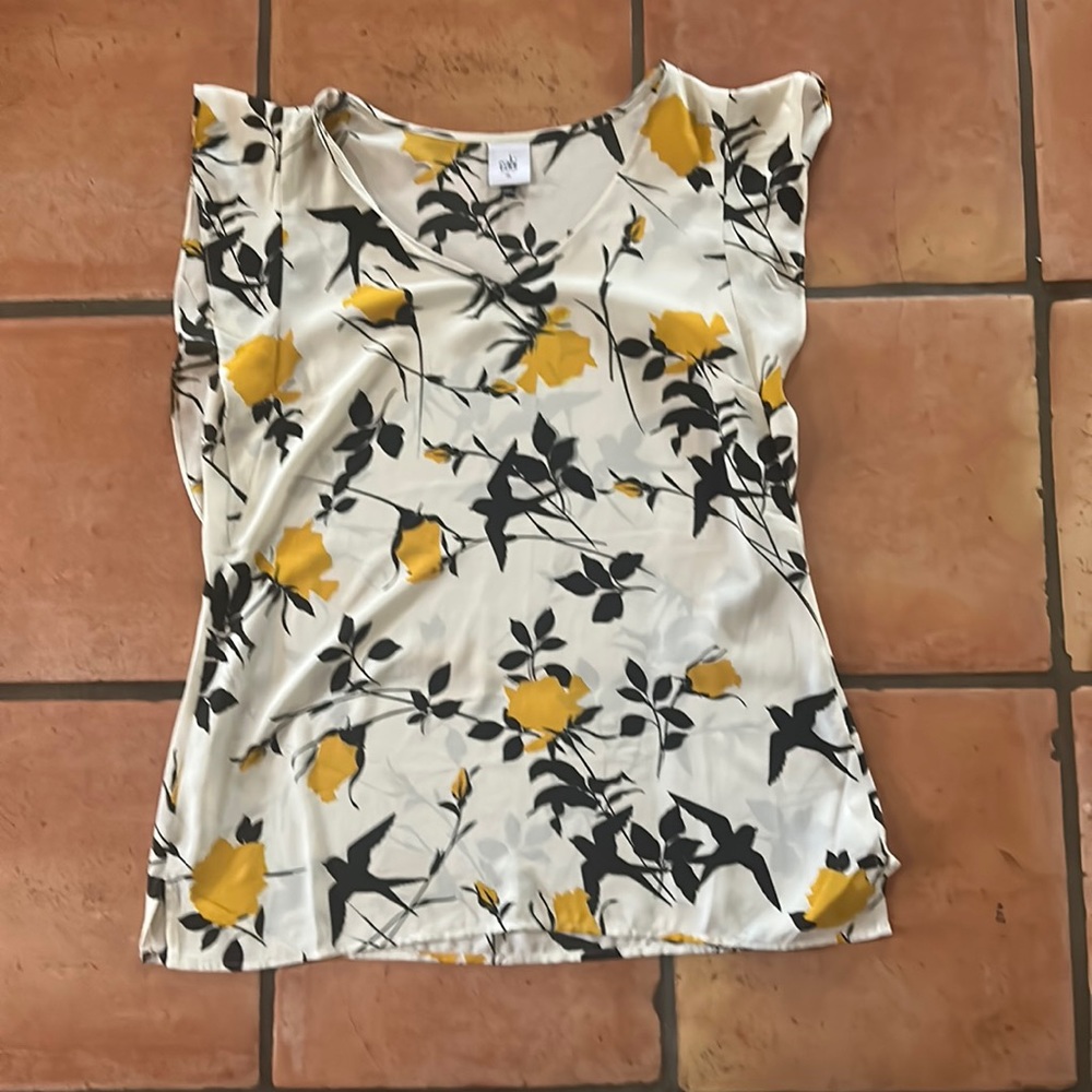 White blouse with yellow rose and stem print